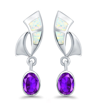 Stud Earrings Lab Created White Opal Oval Simulated Amethyst 925 Sterling Silver (24mm)
